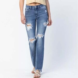 Judy Blue Destroy Straight Jeans Womens 11/30 Blue Mid Rise Summer Streetwear